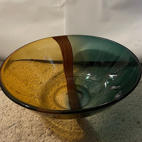Vintage handmade studio colorful brown gold green stripe blown art glass bowl